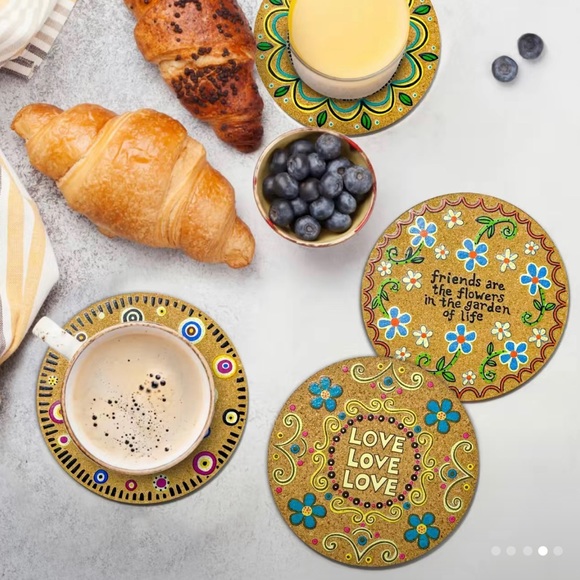 4pcs/set Flower Print Coaster Natural Cork Coasters Round Boho Absorbent Coaster - Picture 3 of 4